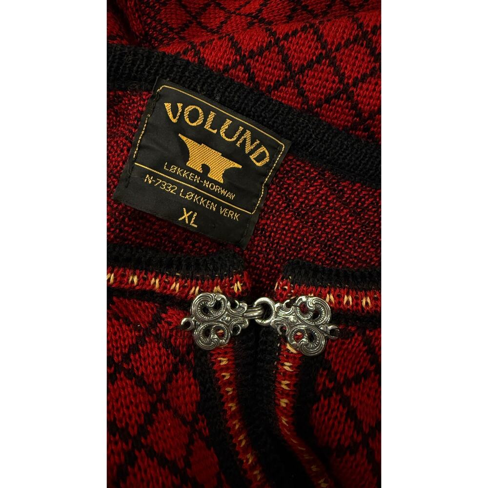VTG Volund Norway Pure New Lambswool Nordic Cardigan Sweater Red Black XL - Picture 2 of 8